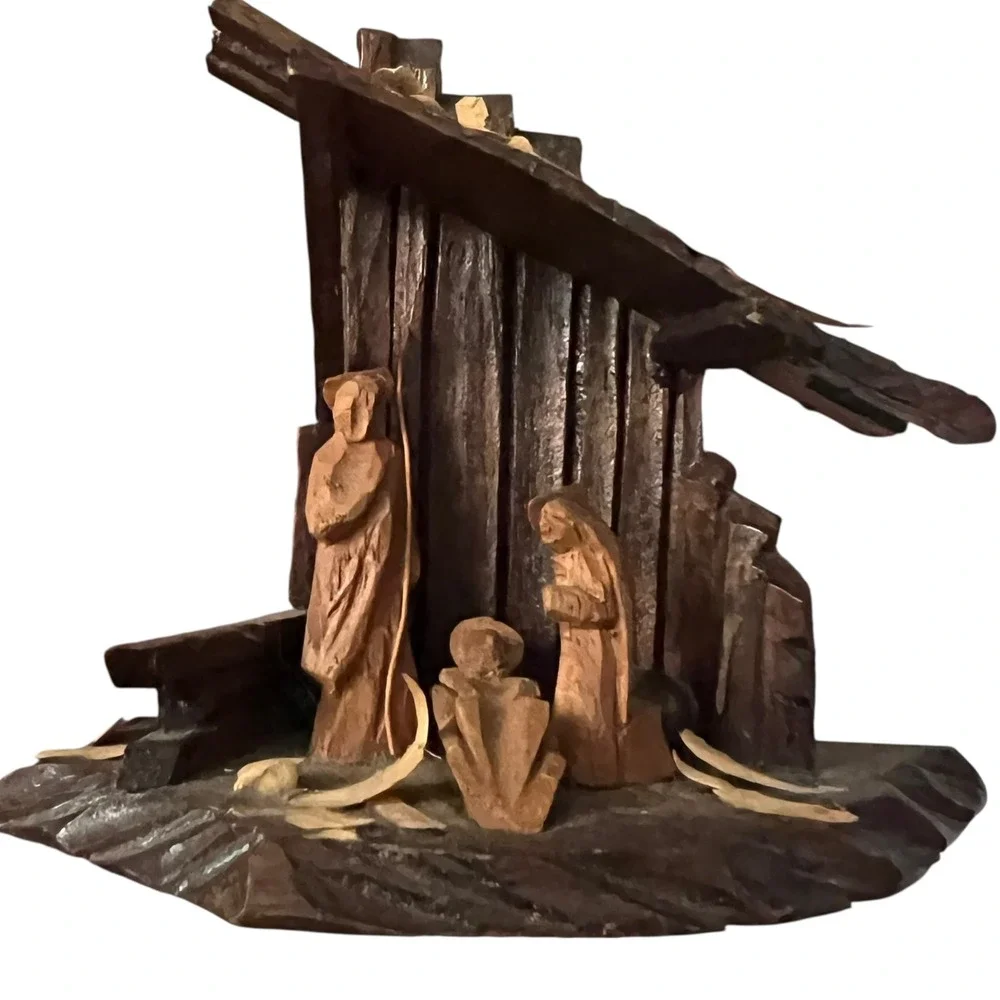 Vintage‎ Rustic Wood Nativity Scene Christmas Religious Wooden Carved Sculpture